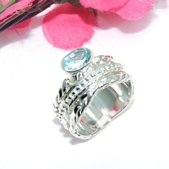 Blue Topaz Spinner Ring, Sterling Silver, Handmade Design Ring, Ring Size:-8US - Picture 3 of 4